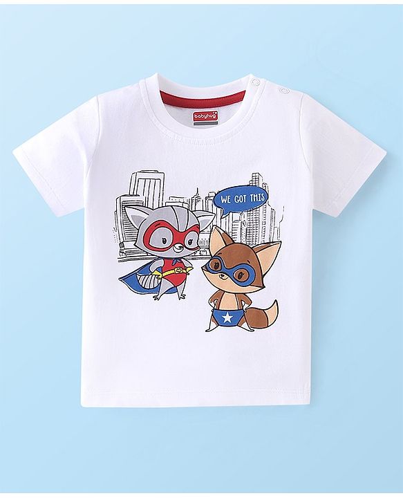 Babyhug Cotton Knit Half Sleeves Night Suit With Fox Print - White & Red