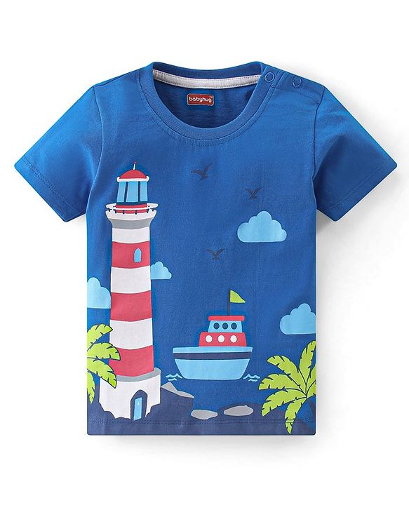 Babyhug Cotton Knit Half Sleeves T-Shirt Light House Print - Blue