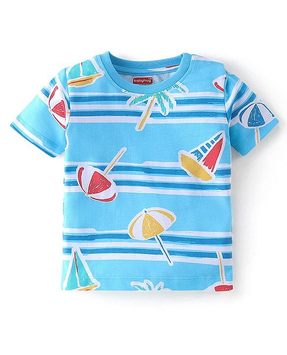 Babyhug Cotton Knit Half Sleeves Night Suit With Beach Theme Print - Blue