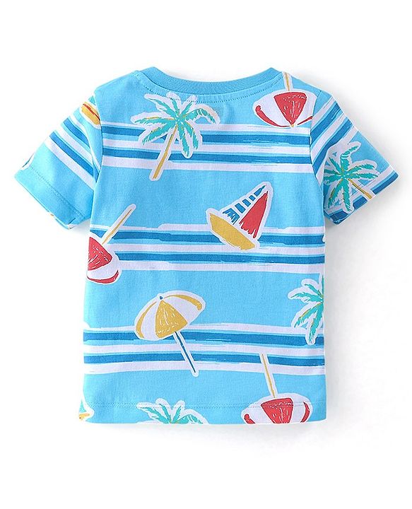 Babyhug Cotton Knit Half Sleeves Night Suit With Beach Theme Print - Blue