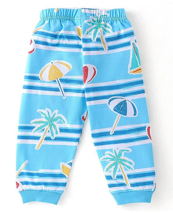 Babyhug Cotton Knit Half Sleeves Night Suit With Beach Theme Print - Blue