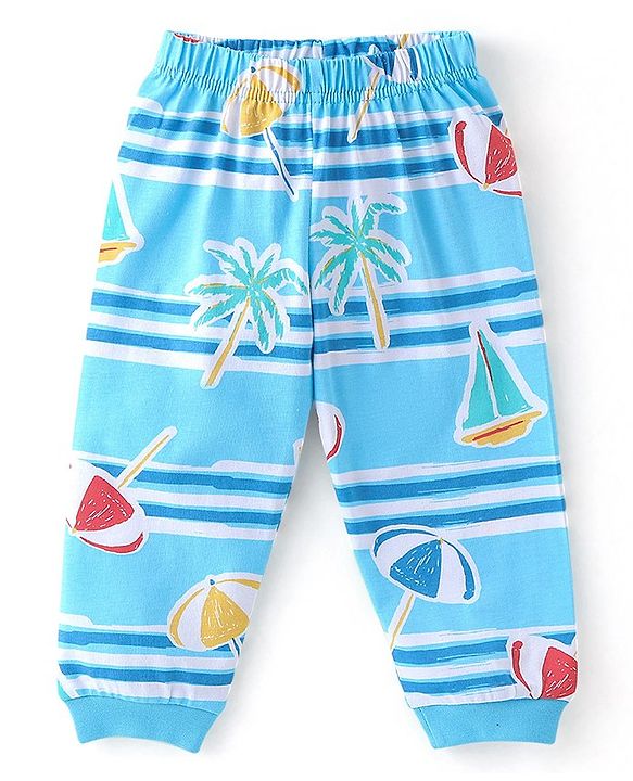 Babyhug Cotton Knit Half Sleeves Night Suit With Beach Theme Print - Blue