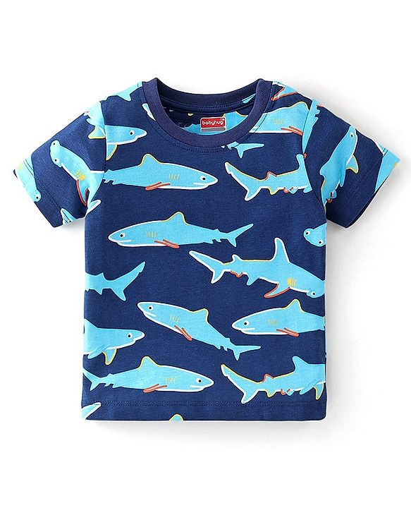 Babyhug Cotton Knit Half Sleeves Night Suit With Shark Print - Navy Blue