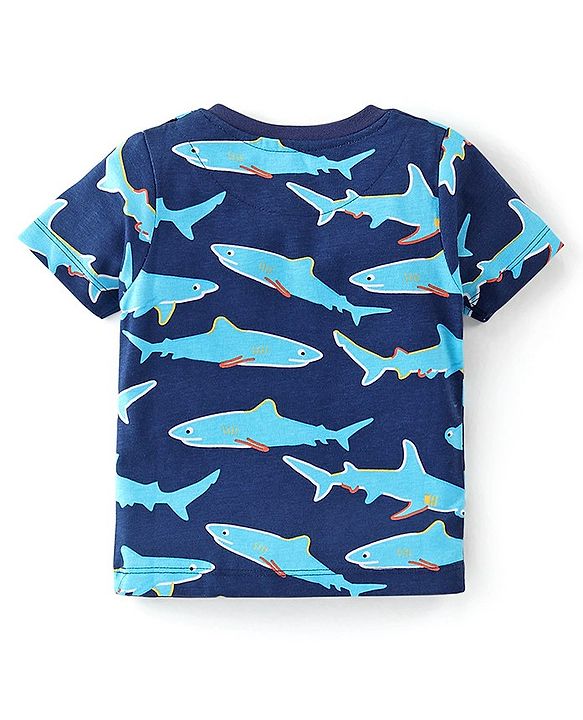Babyhug Cotton Knit Half Sleeves Night Suit With Shark Print - Navy Blue