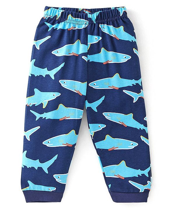 Babyhug Cotton Knit Half Sleeves Night Suit With Shark Print - Navy Blue