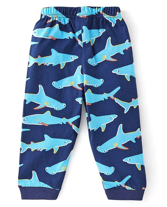 Babyhug Cotton Knit Half Sleeves Night Suit With Shark Print - Navy Blue