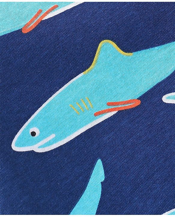 Babyhug Cotton Knit Half Sleeves Night Suit With Shark Print - Navy Blue