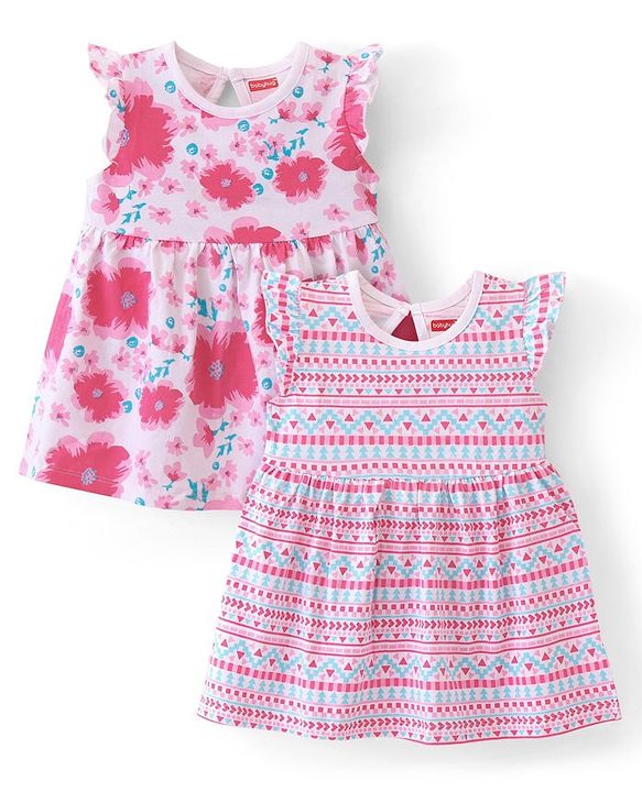 Babyhug  Cotton Jersey Knit Frill Sleeves Frock with Floral Print Pack of 2 - Multicolour