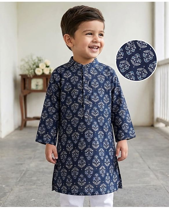 Babyhug 100% Cotton Woven Full Sleeves Kurta with Floral Print- Indigo