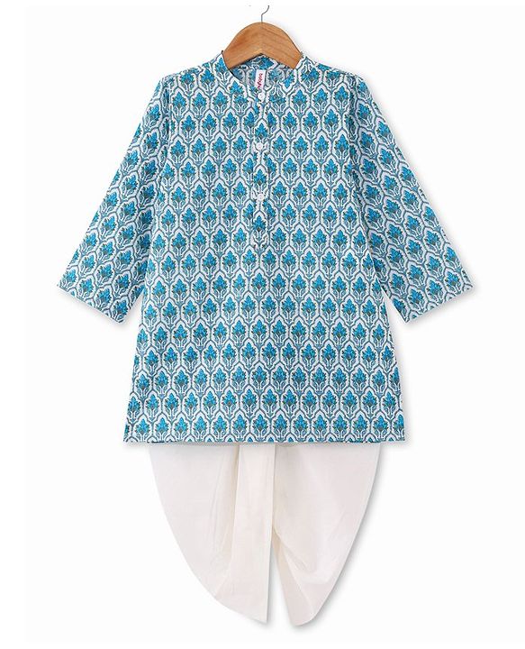 Babyhug 100% Cotton Woven Full Sleeves Kurta & Dhoti Set With Floral Print - Blue
