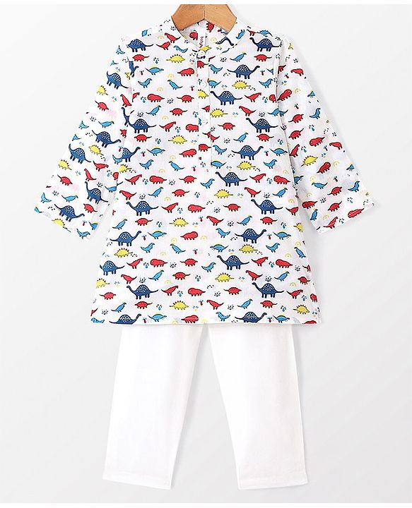 Babyhug 100% Cotton Woven Kurta & Pyjama Set With Dino Print - White