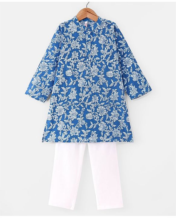 Babyhug Cotton Woven Full Sleeves  Floral Print Kurta Pyjama Set   - Blue