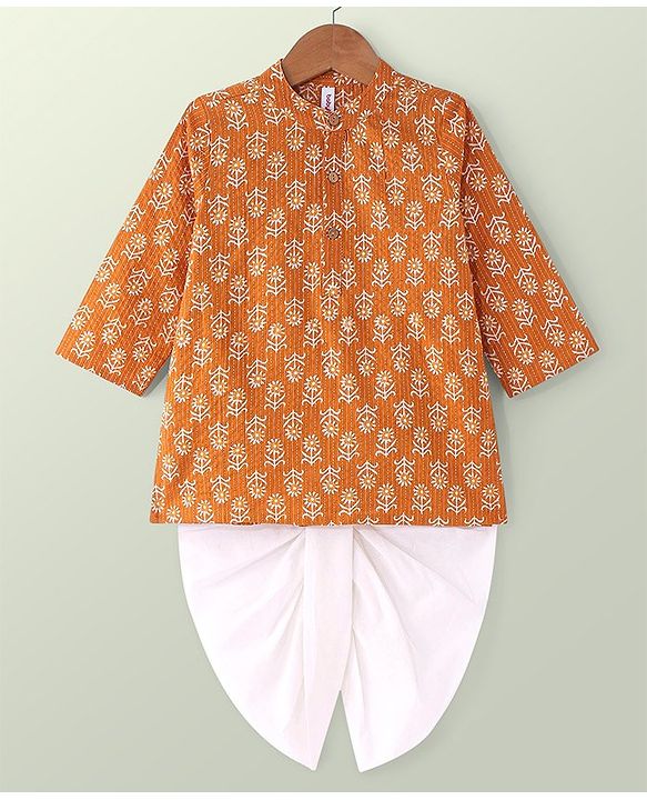 Babyhug Cotton Full Sleeves Dhari Printed Kurta Dhoti Set - Mustard
