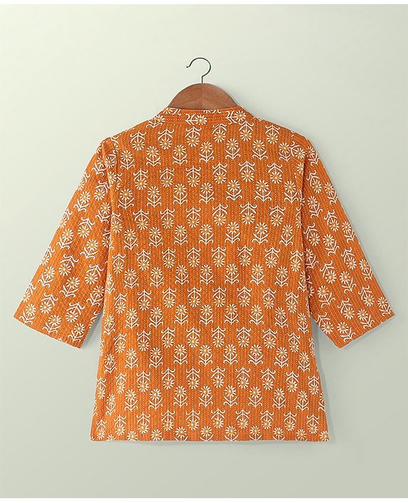 Babyhug Cotton Full Sleeves Dhari Printed Kurta Dhoti Set - Mustard