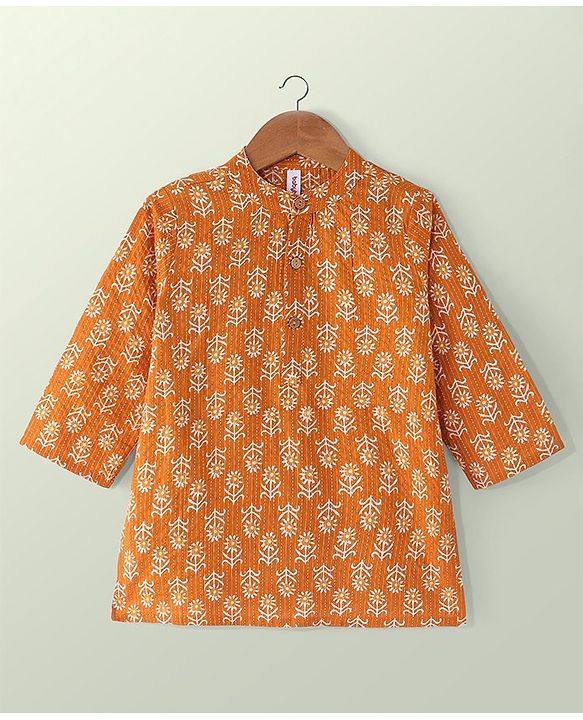 Babyhug Cotton Full Sleeves Dhari Printed Kurta Dhoti Set - Mustard