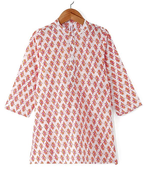Babyhug 100% Cotton Woven Full Sleeves Kurta & Dhoti Set With Floral Print - White