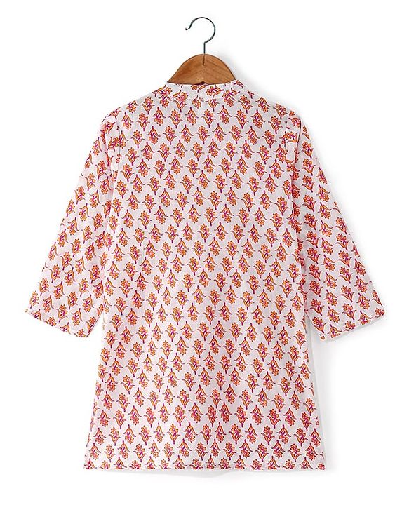 Babyhug 100% Cotton Woven Full Sleeves Kurta & Dhoti Set With Floral Print - White