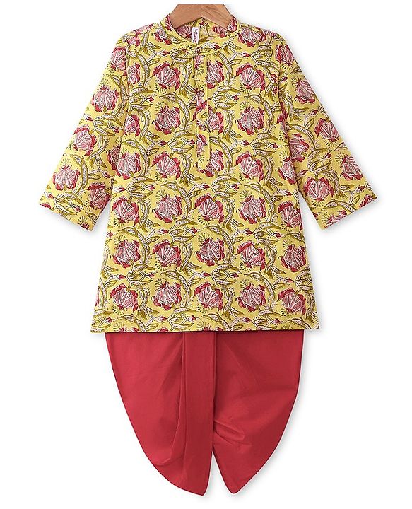 Babyhug 100% Cotton Woven Full Sleeves Floral Printed Kurta Dhoti Set- Lime Yellow