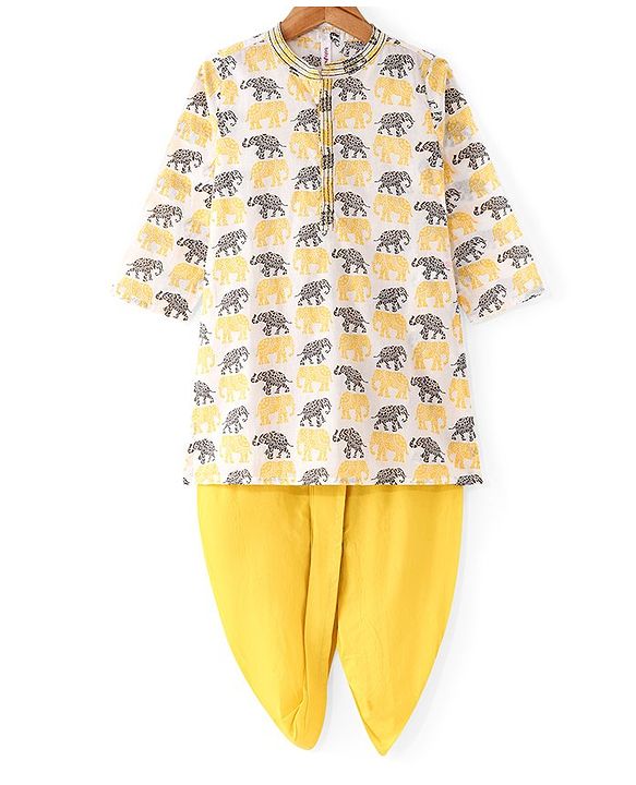 Babyhug 100% Cotton Woven Full Sleeves Kurta & Dhoti Set With Elephant Print - Yellow