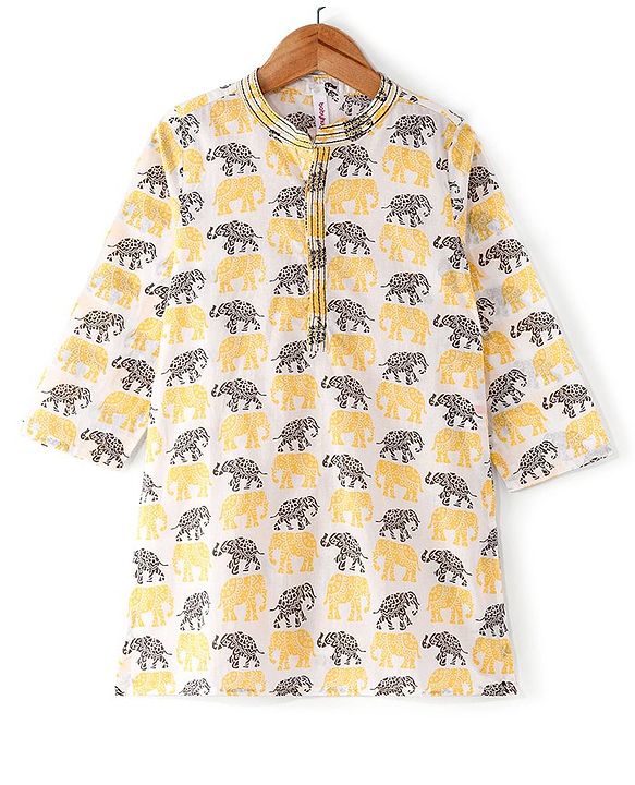 Babyhug 100% Cotton Woven Full Sleeves Kurta & Dhoti Set With Elephant Print - Yellow