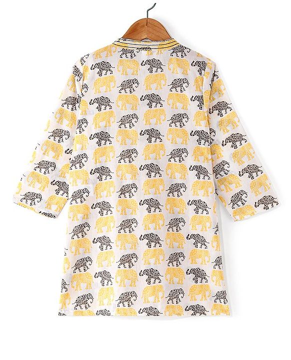 Babyhug 100% Cotton Woven Full Sleeves Kurta & Dhoti Set With Elephant Print - Yellow