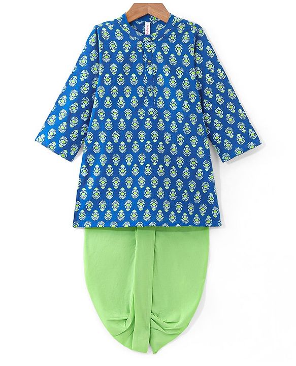 Babyhug Cotton Full Sleeves Hand Block Printed Kurta & Dhoti Set - Indigo & Green