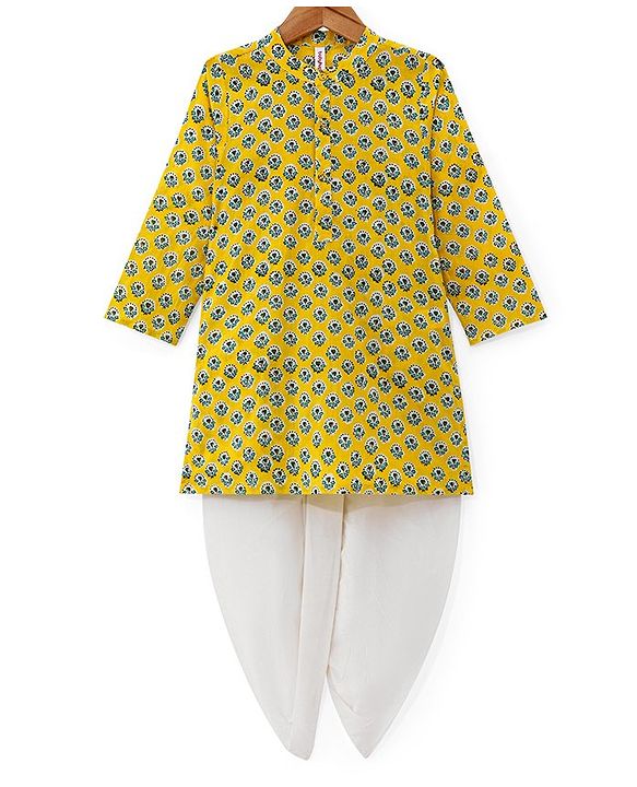 Babyhug 100% Cotton Woven Full Sleeves Kurta and Dhoti Set Floral Print - Yellow