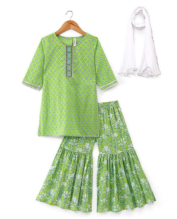 Babyhug 100% Cotton Woven Three Fourth Sleeves Kurti Palazzo & Dupatta Floral Print - Green