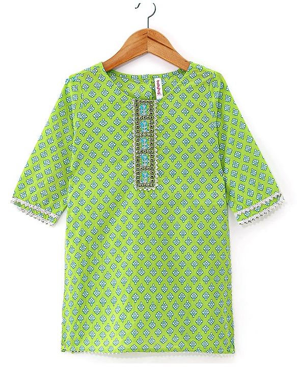 Babyhug 100% Cotton Woven Three Fourth Sleeves Kurti Palazzo & Dupatta Floral Print - Green
