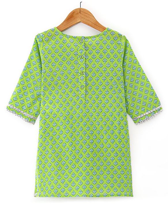 Babyhug 100% Cotton Woven Three Fourth Sleeves Kurti Palazzo & Dupatta Floral Print - Green