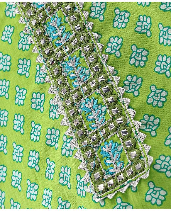 Babyhug 100% Cotton Woven Three Fourth Sleeves Kurti Palazzo & Dupatta Floral Print - Green