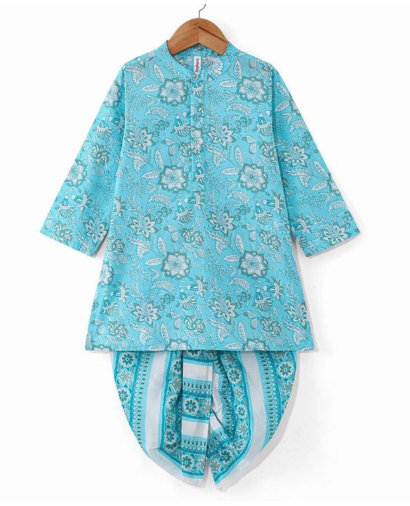 Babyhug 100% Cotton Woven Full Sleeves Kurta & Dhoti Set With Floral Print - Blue
