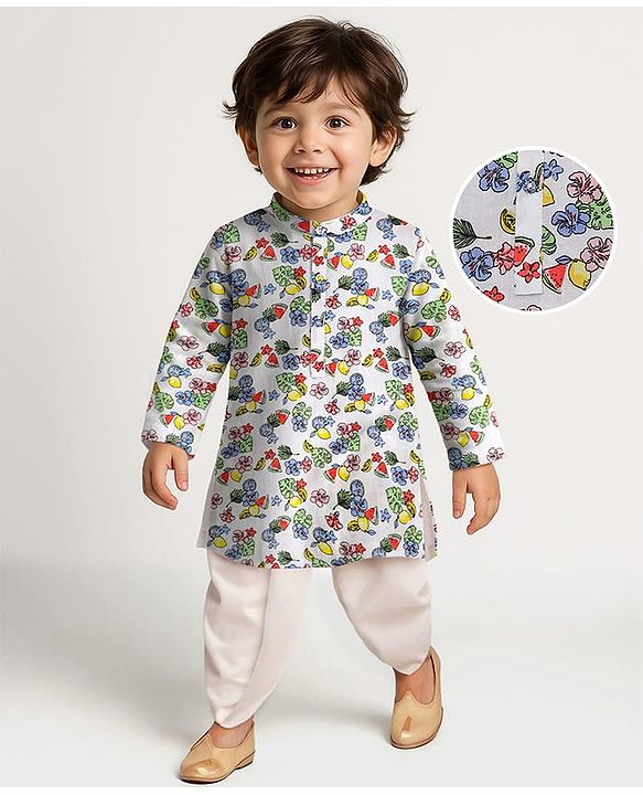 Babyhug 100% Cotton Woven Full Sleeves Floral Printed Kurta & Dhoti Set- Multicolour