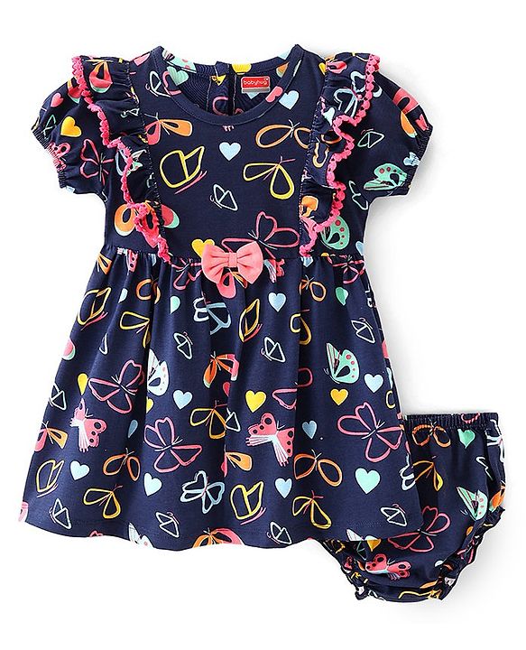 Babyhug Cotton Jersey Half Puffed Sleeves Butterfly Printed Frock With Bloomer - Navy