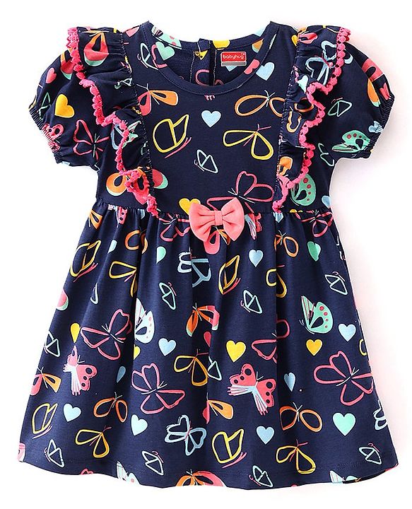 Babyhug Cotton Jersey Half Puffed Sleeves Butterfly Printed Frock With Bloomer - Navy