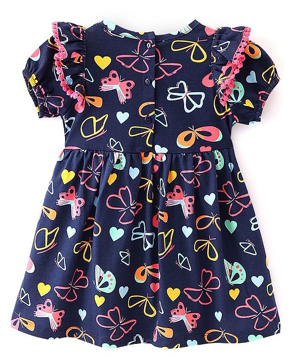 Babyhug Cotton Jersey Half Puffed Sleeves Butterfly Printed Frock With Bloomer - Navy