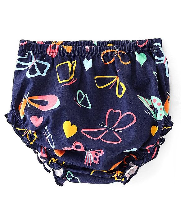 Babyhug Cotton Jersey Half Puffed Sleeves Butterfly Printed Frock With Bloomer - Navy