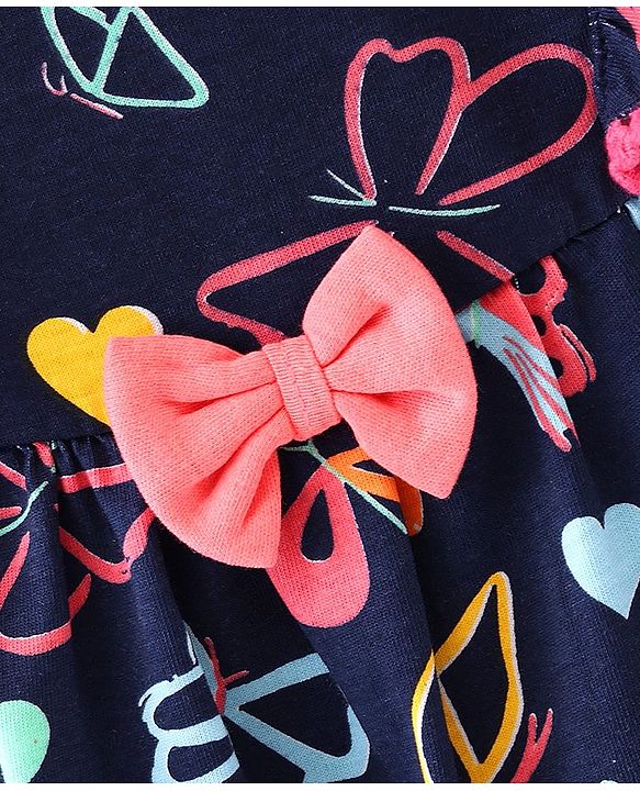 Babyhug Cotton Jersey Half Puffed Sleeves Butterfly Printed Frock With Bloomer - Navy