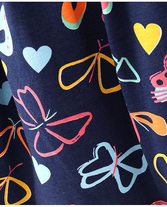 Babyhug Cotton Jersey Half Puffed Sleeves Butterfly Printed Frock With Bloomer - Navy