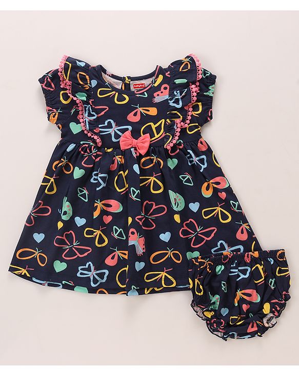 Babyhug Cotton Jersey Half Puffed Sleeves Butterfly Printed Frock With Bloomer - Navy