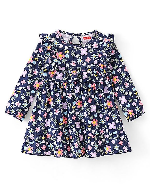 Babyhug Cotton Jersey Full Sleeves Frock With Bloomer Floral Print - Navy