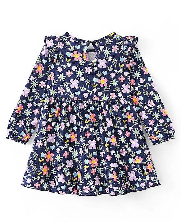 Babyhug Cotton Jersey Full Sleeves Frock With Bloomer Floral Print - Navy