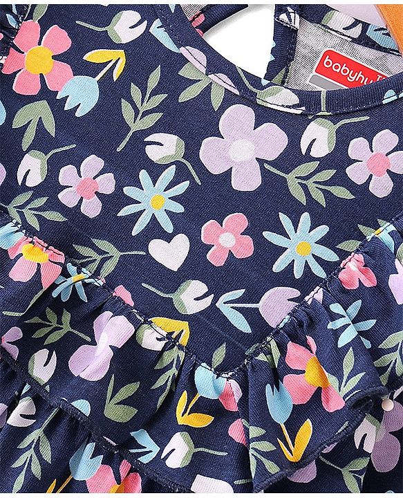 Babyhug Cotton Jersey Full Sleeves Frock With Bloomer Floral Print - Navy