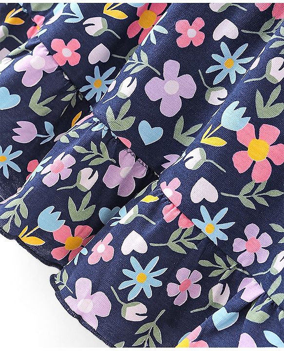 Babyhug Cotton Jersey Full Sleeves Frock With Bloomer Floral Print - Navy