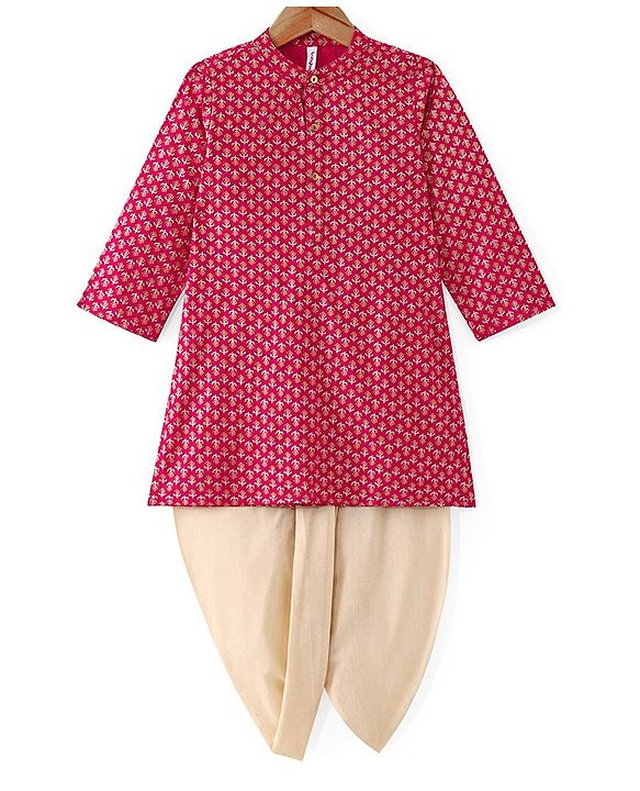 Babyhug 100% Cotton Woven Full Sleeves Floral Foil Printed Kurta & Dhoti Set - Fuschia