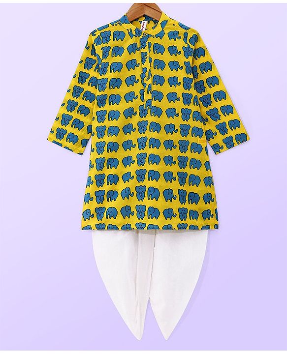 Babyhug 100% Cotton Woven Full Sleeves Kurta & Dhoti Set Elephant Print - Yellow