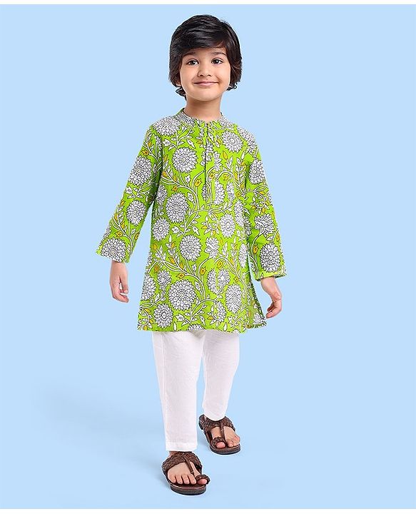 Babyhug Cotton Woven Full Sleeves Kurta & Pyjama Set With Floral Print - Green & White