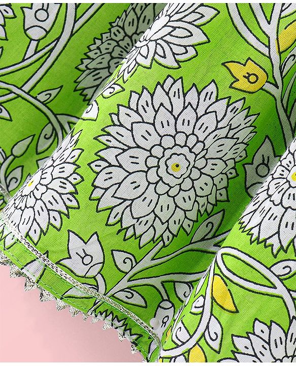 Babyhug Cotton Woven Three Fourth Sleeves Floral Print Kurti & Palazo Dupatta Set with Lace Detailing   - Green