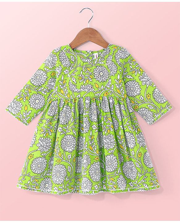 Babyhug Cotton Woven Three Fourth Sleeves Floral Print Kurti & Palazo Dupatta Set with Lace Detailing   - Green