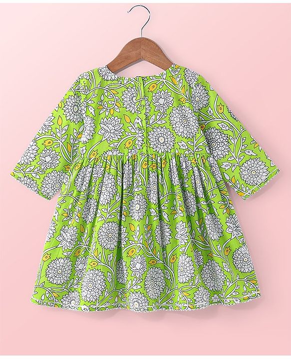 Babyhug Cotton Woven Three Fourth Sleeves Floral Print Kurti & Palazo Dupatta Set with Lace Detailing   - Green